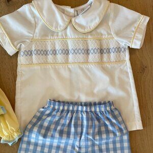 Lullaby Set Embroidered Smocked Boys Blue and Yellow Gingham Set